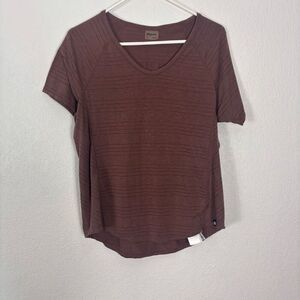 Marmot Maroon Striped V Neck Recycled Polyester Short Sleeve Top Size Small